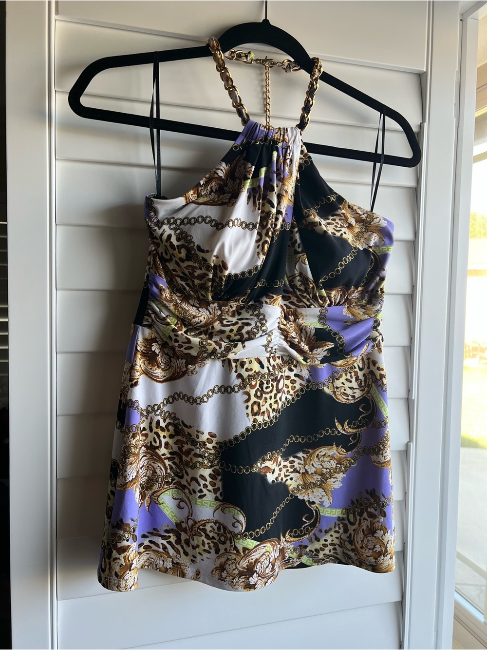 Cache Halter top in Black, Purple & White with Gold Chain Strap zipper on side